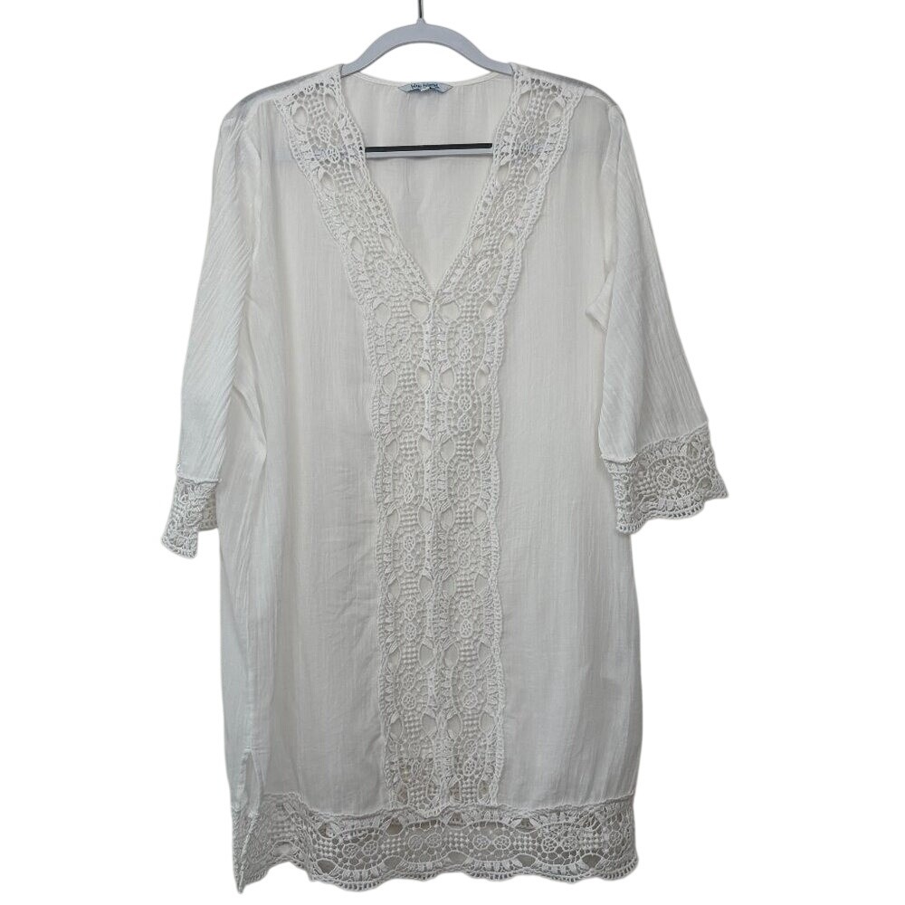 Blue Island Crochet Lace Trim Tunic Top Size L White